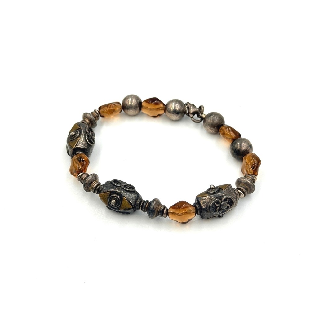 Vintage Bead Bracelet Amber Glass Metal Boho Eclectic 90s Earthy Grunge Jewelry